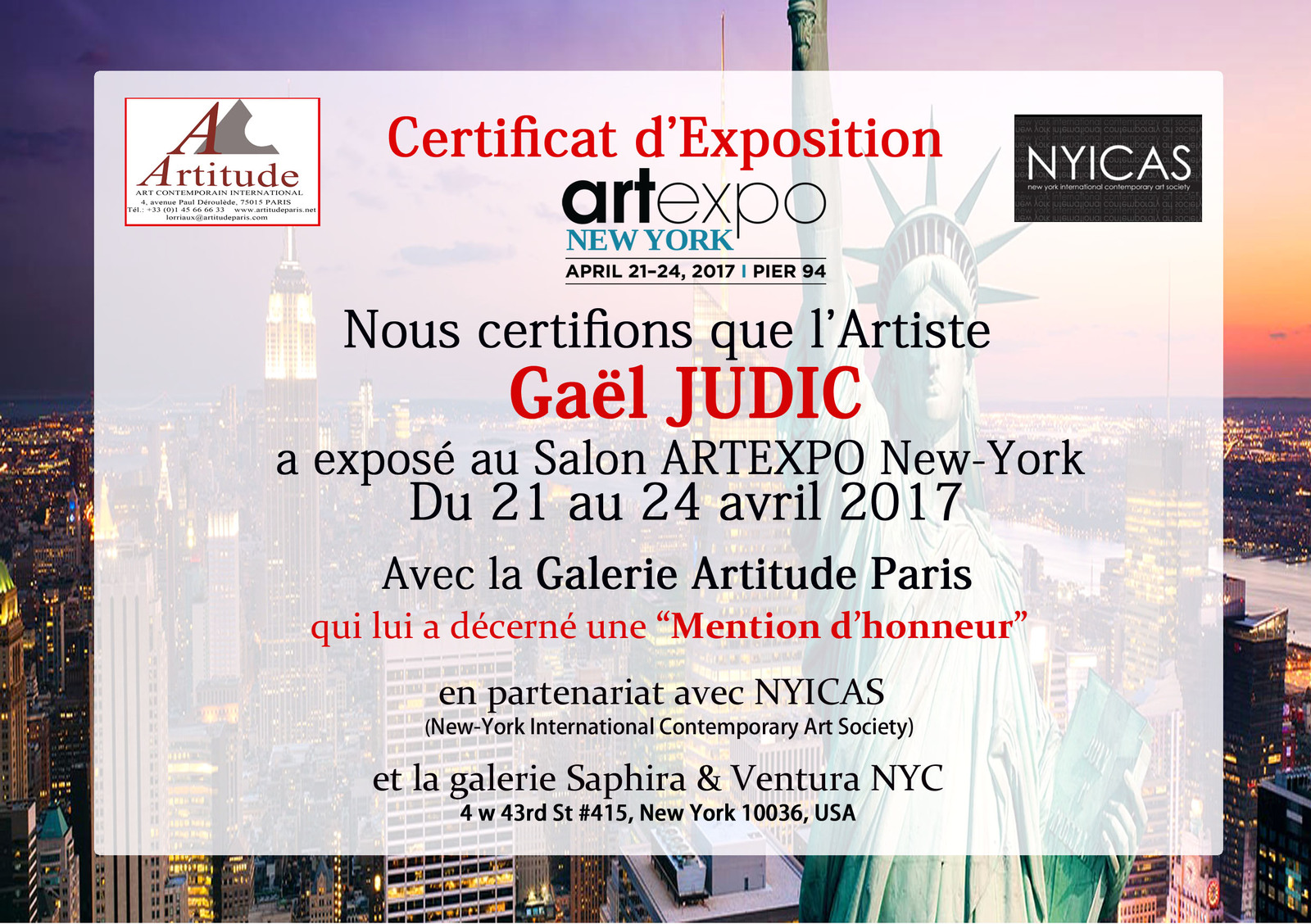 Mention d' honneur à ARTexpo New York 2017 Mention d' honneur à ARTexpo New York 2017